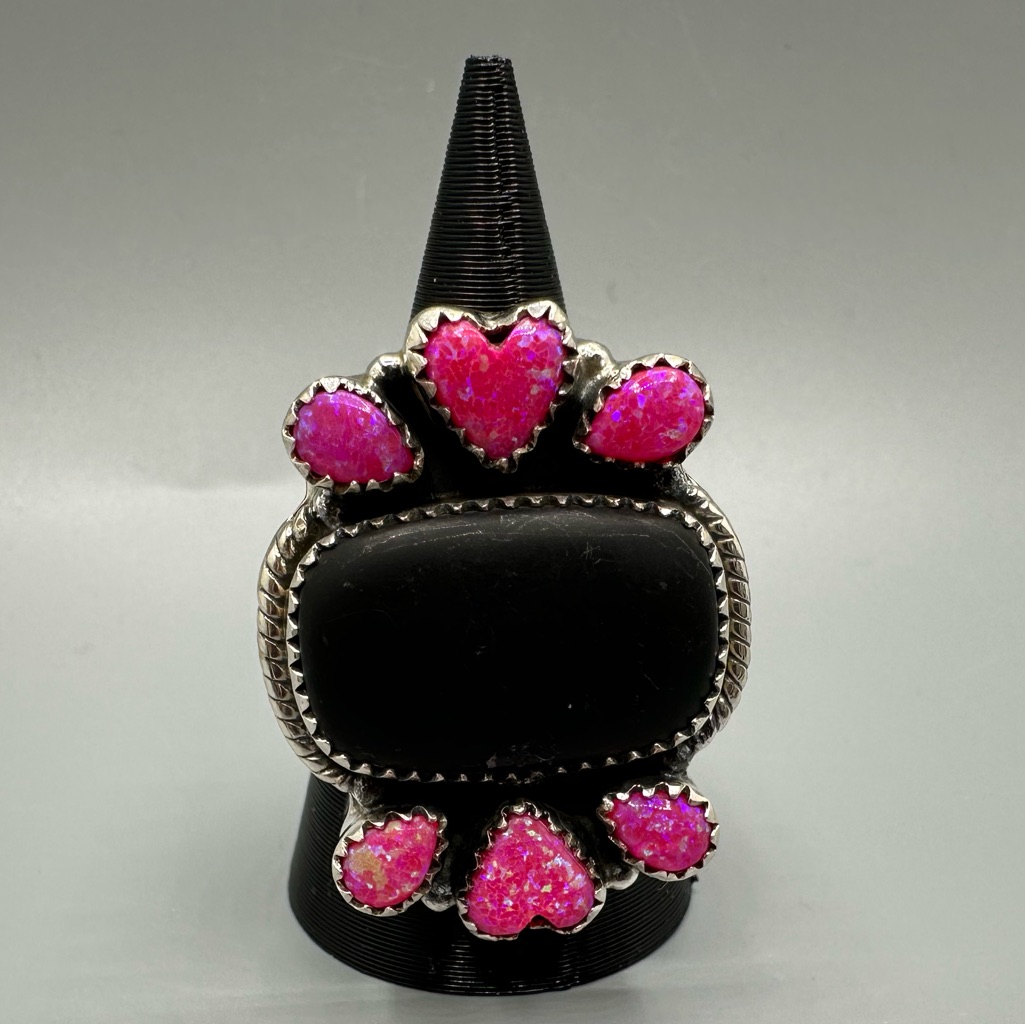 Pink Balloon Opal & Matte Onyx Handmade Sterling Silver 925 Heart-Shaped Ring